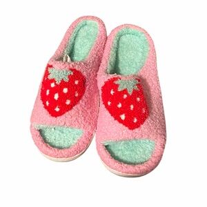 Ladies Pink Strawberry Plush Slide Slippers
